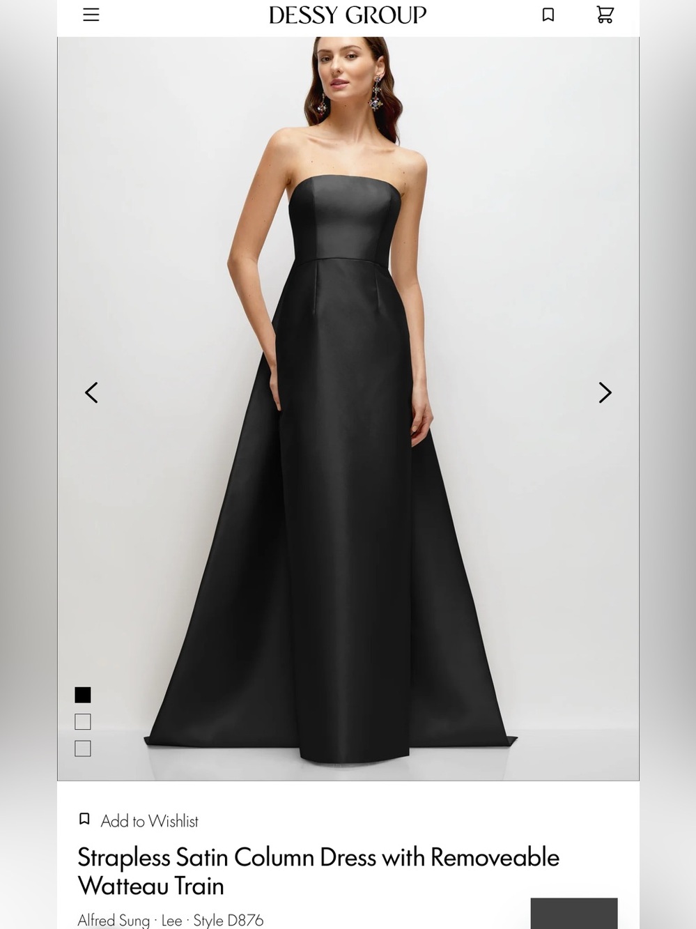 ALFRED SUNG Strapless Black Satin Column Gown with Watteau Train